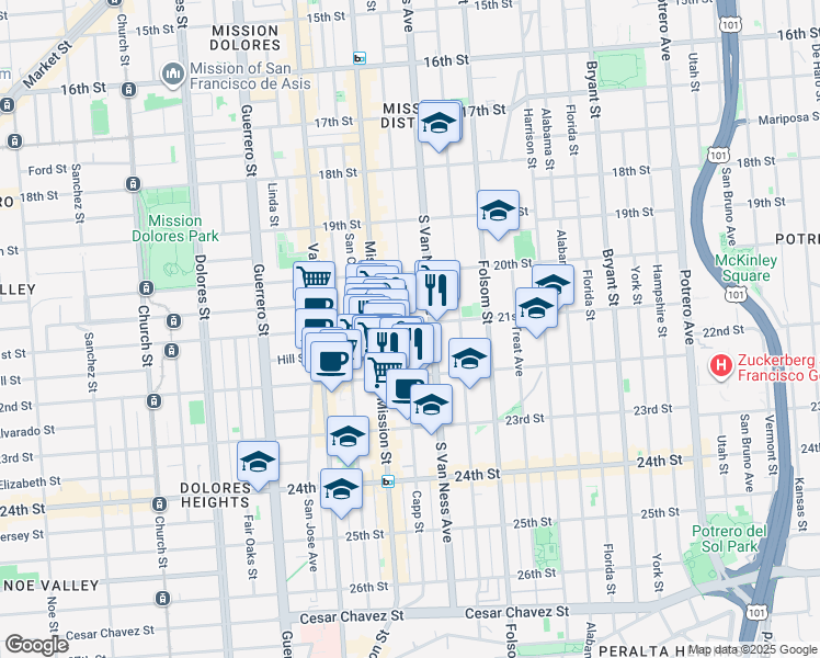 map of restaurants, bars, coffee shops, grocery stores, and more near 628 Capp Street in San Francisco