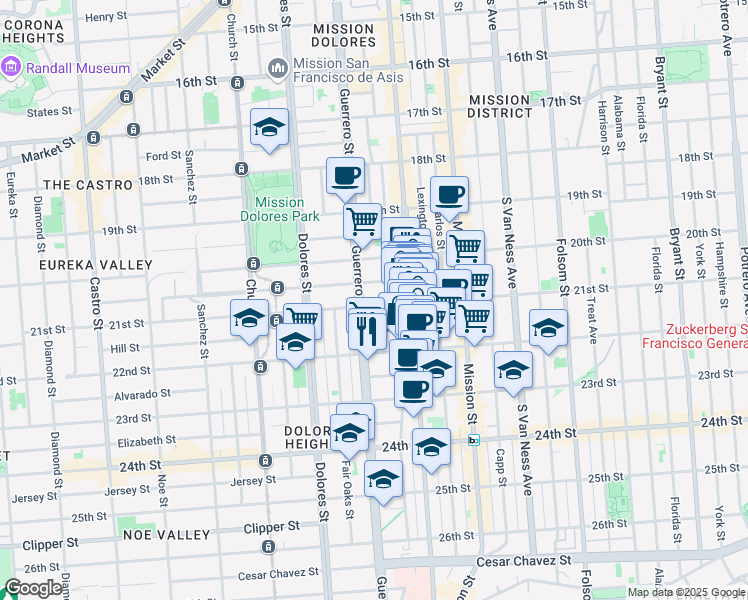 map of restaurants, bars, coffee shops, grocery stores, and more near 3374 21st Street in San Francisco