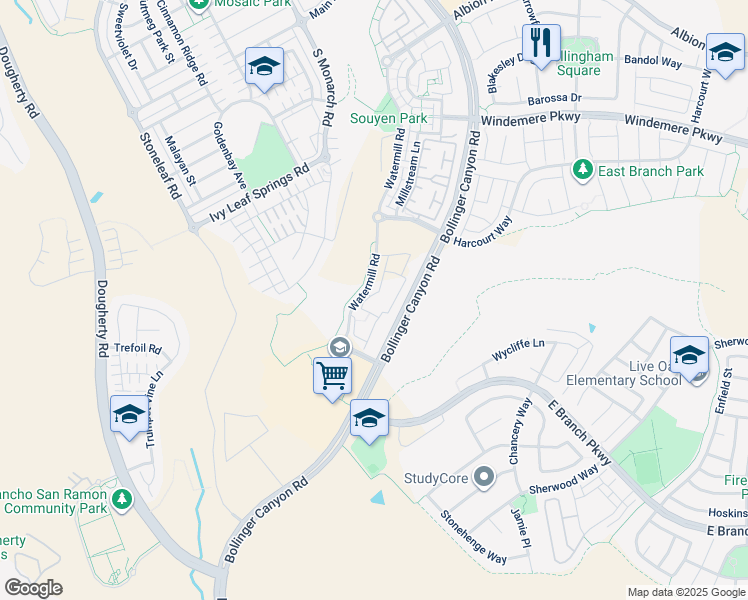 map of restaurants, bars, coffee shops, grocery stores, and more near 2100 Waterstone Place in San Ramon