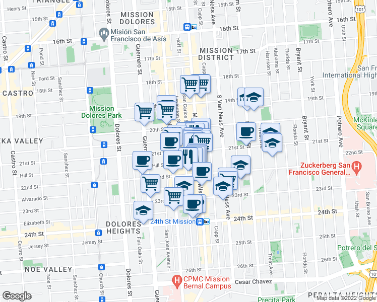 map of restaurants, bars, coffee shops, grocery stores, and more near 21st St & San Carlos St in San Francisco