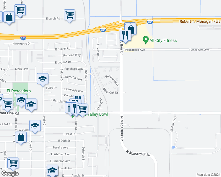 map of restaurants, bars, coffee shops, grocery stores, and more near 2929 North MacArthur Drive in Tracy