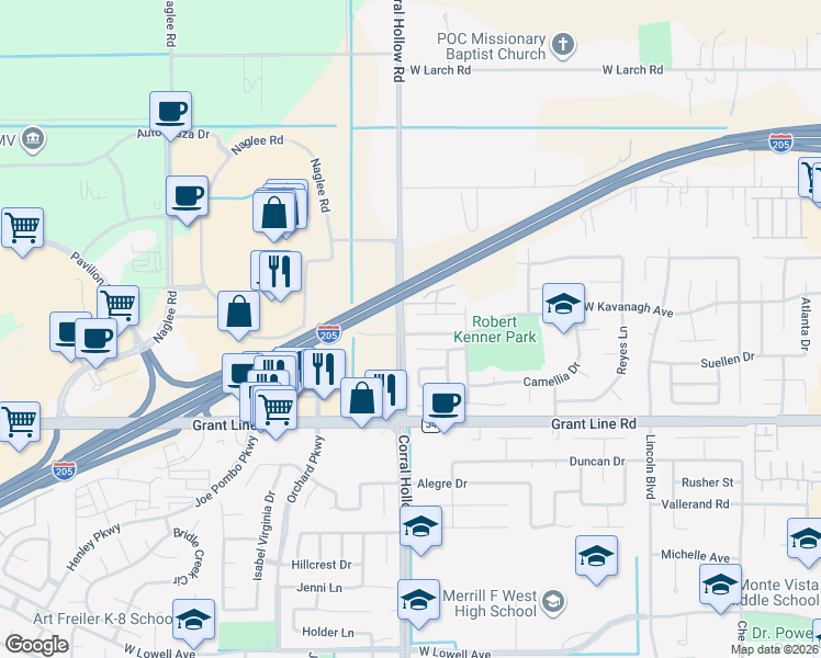 map of restaurants, bars, coffee shops, grocery stores, and more near 2805 Corral Hollow Road in Tracy