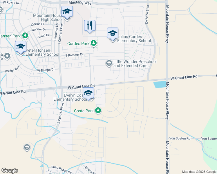 map of restaurants, bars, coffee shops, grocery stores, and more near 1647 Corinthian Way in Tracy