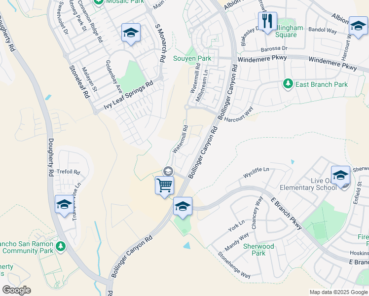 map of restaurants, bars, coffee shops, grocery stores, and more near 1311 Waterstone Place in San Ramon