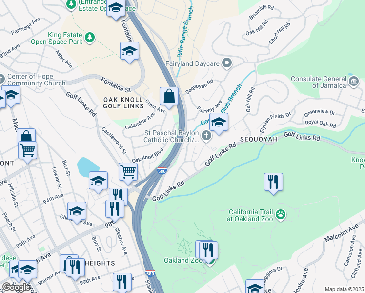 map of restaurants, bars, coffee shops, grocery stores, and more near 3643 Calafia Avenue in Oakland