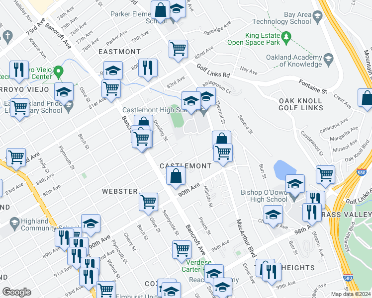 map of restaurants, bars, coffee shops, grocery stores, and more near 2355 88th Avenue in Oakland