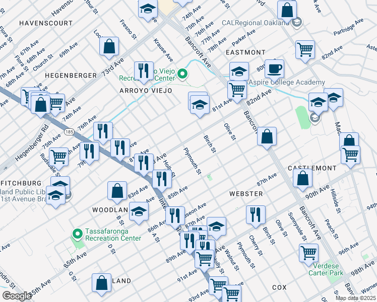 map of restaurants, bars, coffee shops, grocery stores, and more near in Oakland