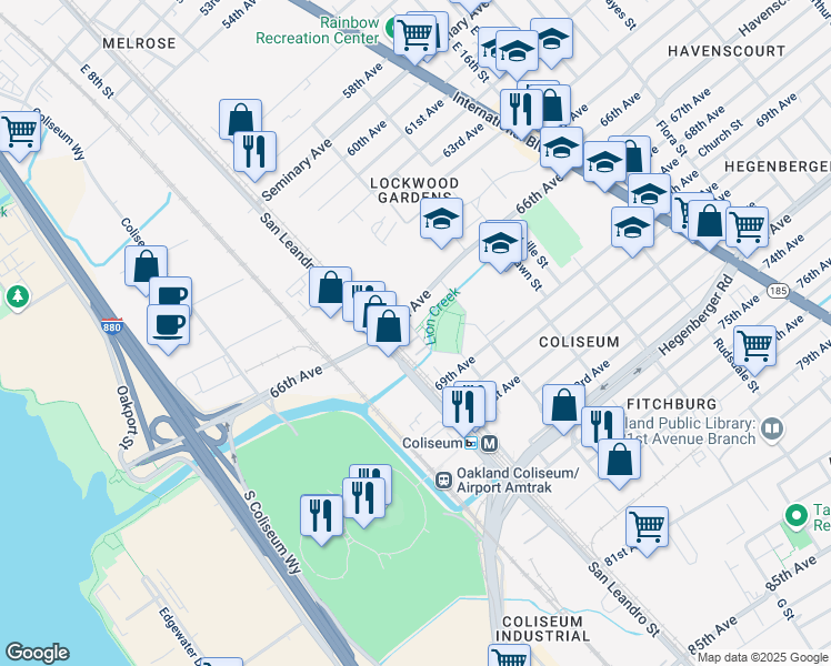 map of restaurants, bars, coffee shops, grocery stores, and more near 6755 Leona Creek Drive in Oakland
