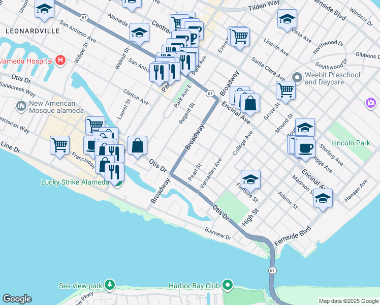 map of restaurants, bars, coffee shops, grocery stores, and more near 1013 Pearl Street in Alameda