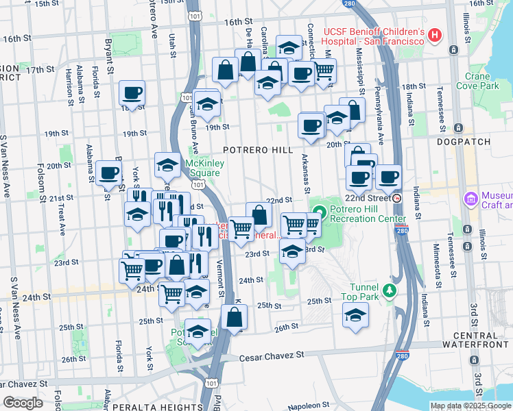 map of restaurants, bars, coffee shops, grocery stores, and more near 1013 Rhode Island Street in San Francisco