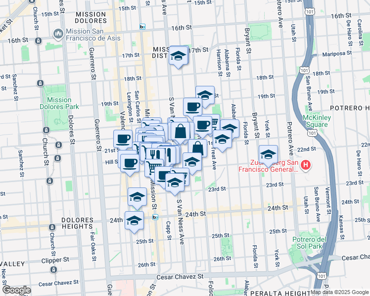 map of restaurants, bars, coffee shops, grocery stores, and more near in San Francisco