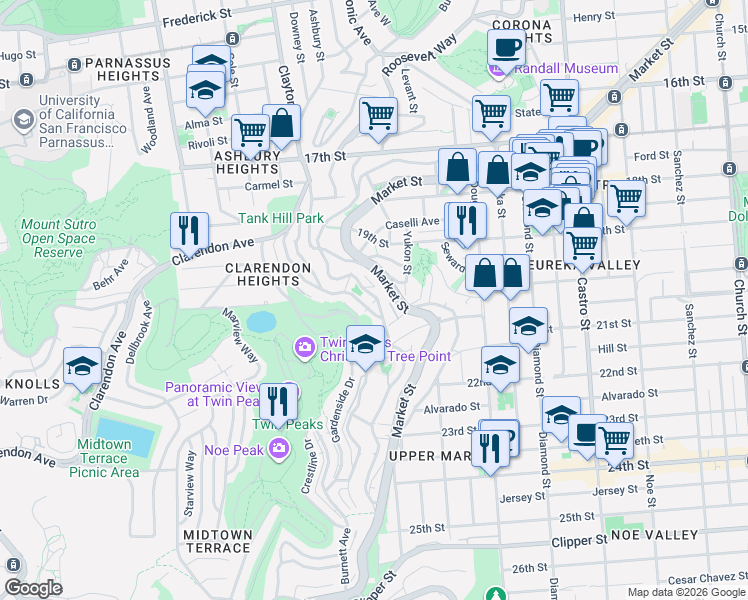 map of restaurants, bars, coffee shops, grocery stores, and more near 642 Corbett Avenue in San Francisco