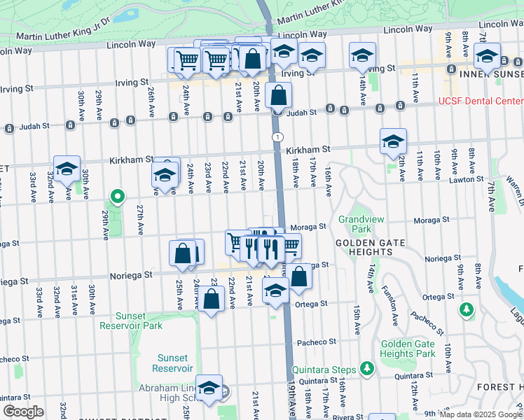map of restaurants, bars, coffee shops, grocery stores, and more near 1675 20th Avenue in San Francisco