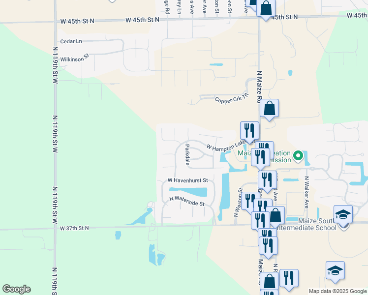 map of restaurants, bars, coffee shops, grocery stores, and more near 4070 Westbrook in Maize