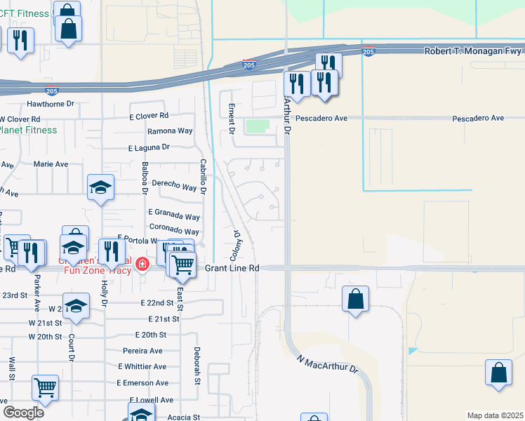 map of restaurants, bars, coffee shops, grocery stores, and more near 2929 North MacArthur Drive in Tracy