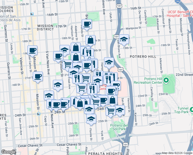 map of restaurants, bars, coffee shops, grocery stores, and more near in San Francisco