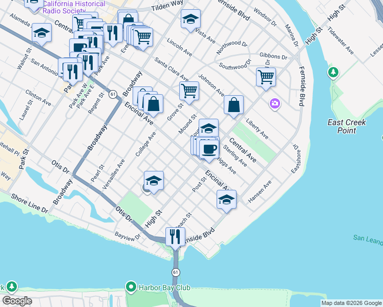 map of restaurants, bars, coffee shops, grocery stores, and more near 3019 Encinal Avenue in Alameda