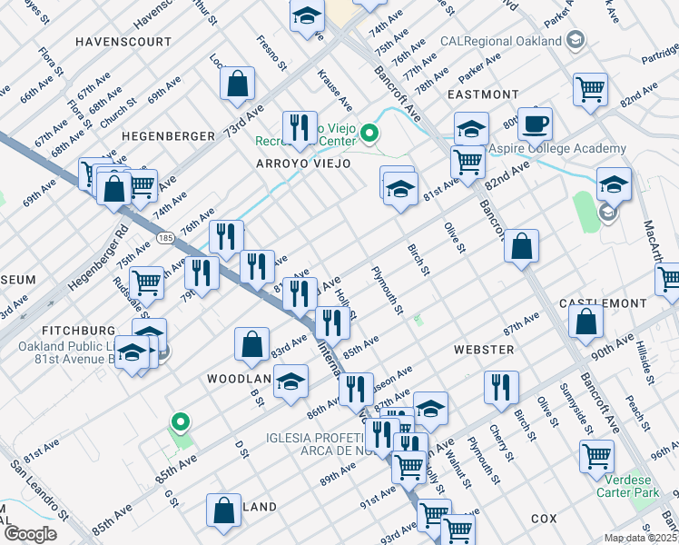 map of restaurants, bars, coffee shops, grocery stores, and more near 1615 82nd Avenue in Oakland