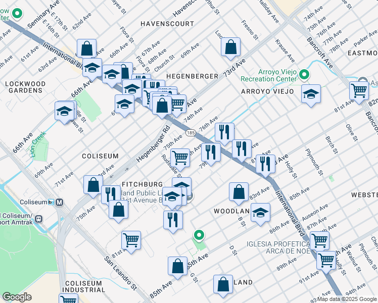 map of restaurants, bars, coffee shops, grocery stores, and more near 1285 77th Avenue in Oakland