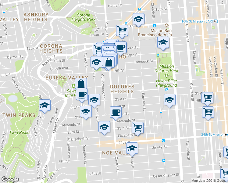 map of restaurants, bars, coffee shops, grocery stores, and more near 781 Castro Street in San Francisco