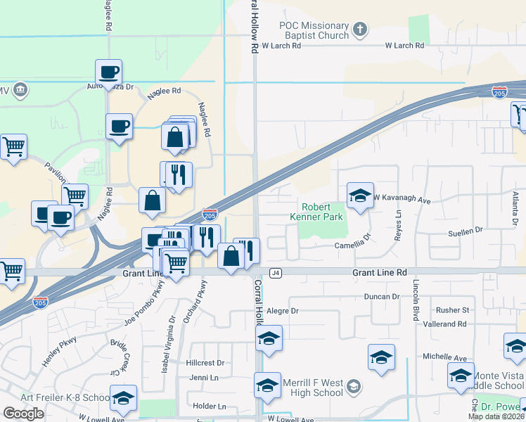 map of restaurants, bars, coffee shops, grocery stores, and more near 2805 Corral Hollow Road in Tracy
