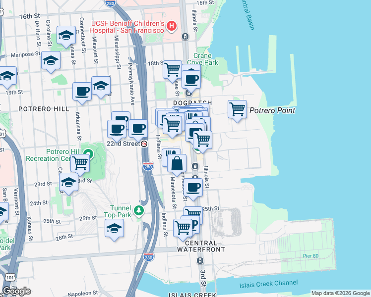 map of restaurants, bars, coffee shops, grocery stores, and more near 1177 Tennessee Street in San Francisco