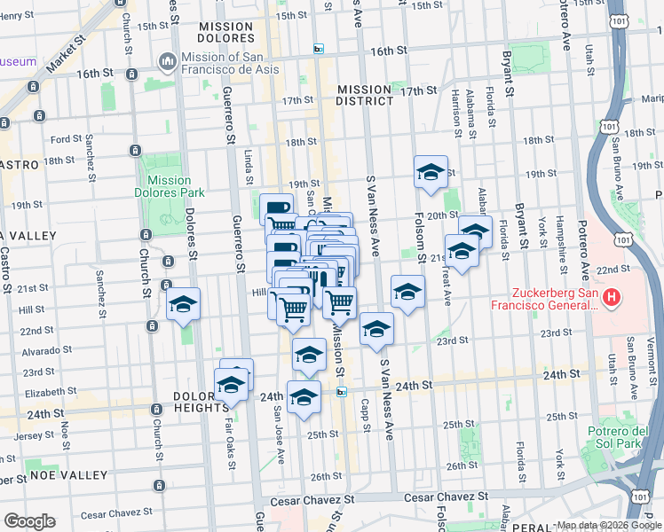 map of restaurants, bars, coffee shops, grocery stores, and more near Mission St & 21st St in San Francisco
