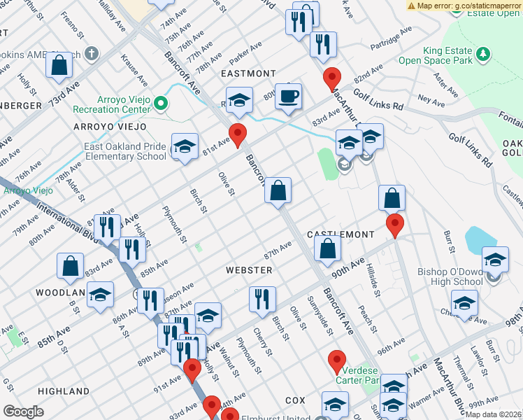 map of restaurants, bars, coffee shops, grocery stores, and more near 2038 85th Avenue in Oakland