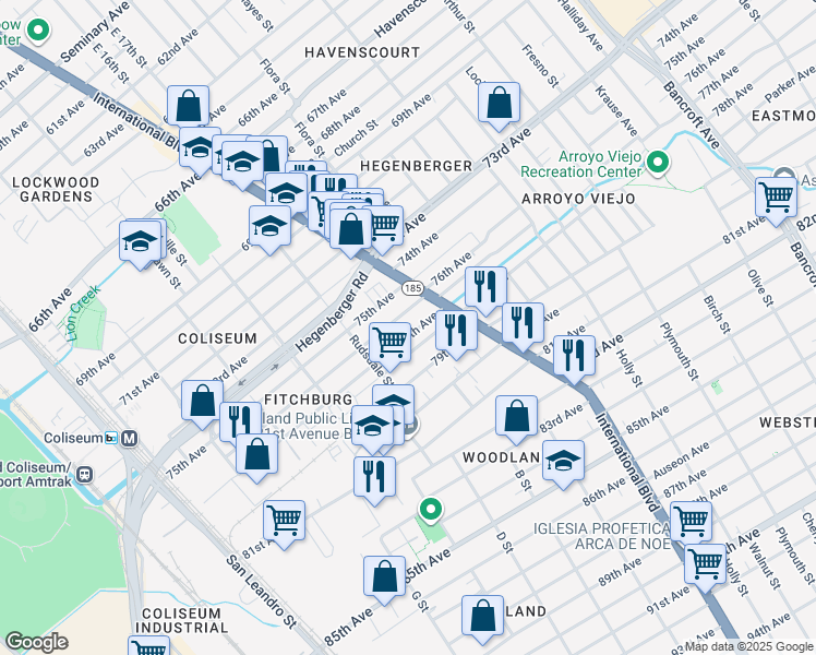 map of restaurants, bars, coffee shops, grocery stores, and more near 1285 77th Avenue in Oakland