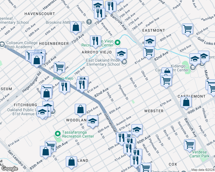 map of restaurants, bars, coffee shops, grocery stores, and more near 1615 82nd Avenue in Oakland