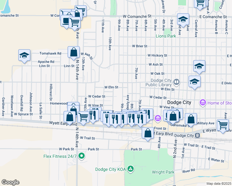 map of restaurants, bars, coffee shops, grocery stores, and more near 900 10th Avenue in Dodge City