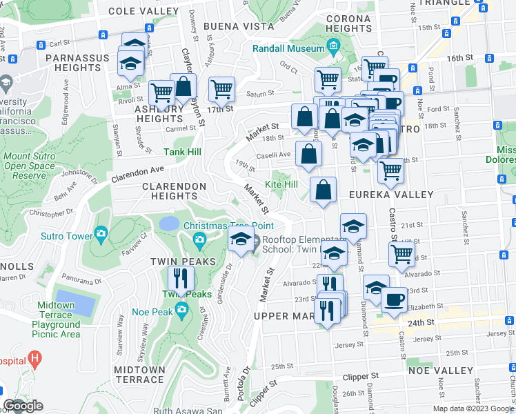 map of restaurants, bars, coffee shops, grocery stores, and more near 3412 Market Street in San Francisco