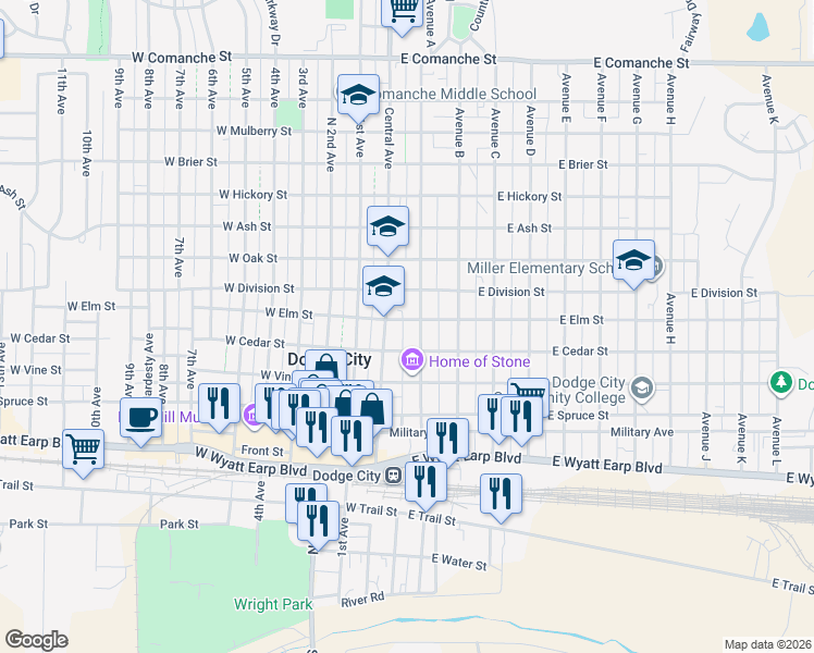 map of restaurants, bars, coffee shops, grocery stores, and more near 901-999 Avenue A in Dodge City