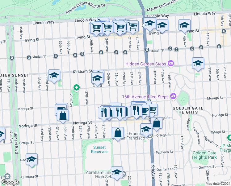 map of restaurants, bars, coffee shops, grocery stores, and more near 1635 23rd Avenue in San Francisco