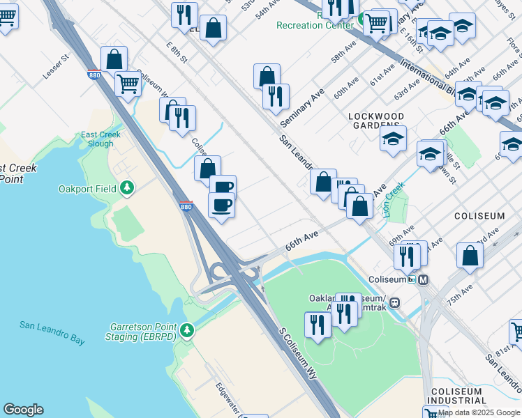 map of restaurants, bars, coffee shops, grocery stores, and more near 711 Independent Road in Oakland