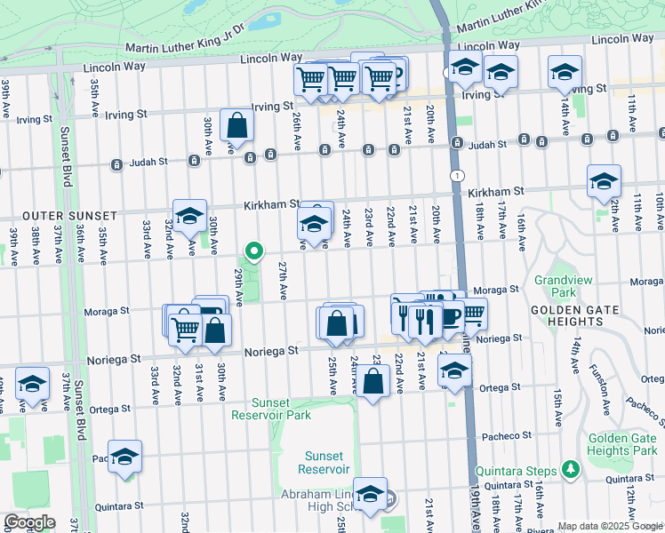 map of restaurants, bars, coffee shops, grocery stores, and more near 1630 25th Avenue in San Francisco