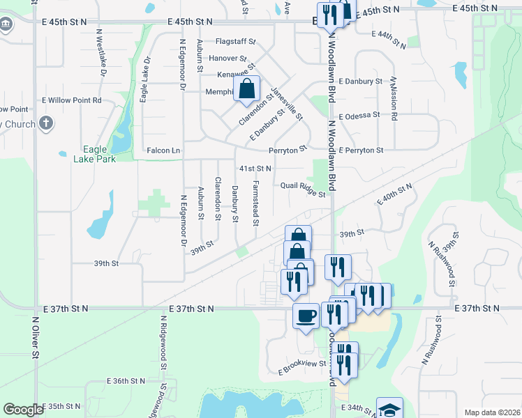 map of restaurants, bars, coffee shops, grocery stores, and more near 4027 Farmstead Street in Bel Aire