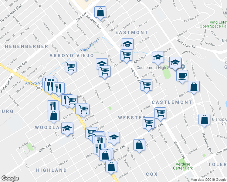 map of restaurants, bars, coffee shops, grocery stores, and more near 1743 84th Avenue in Oakland