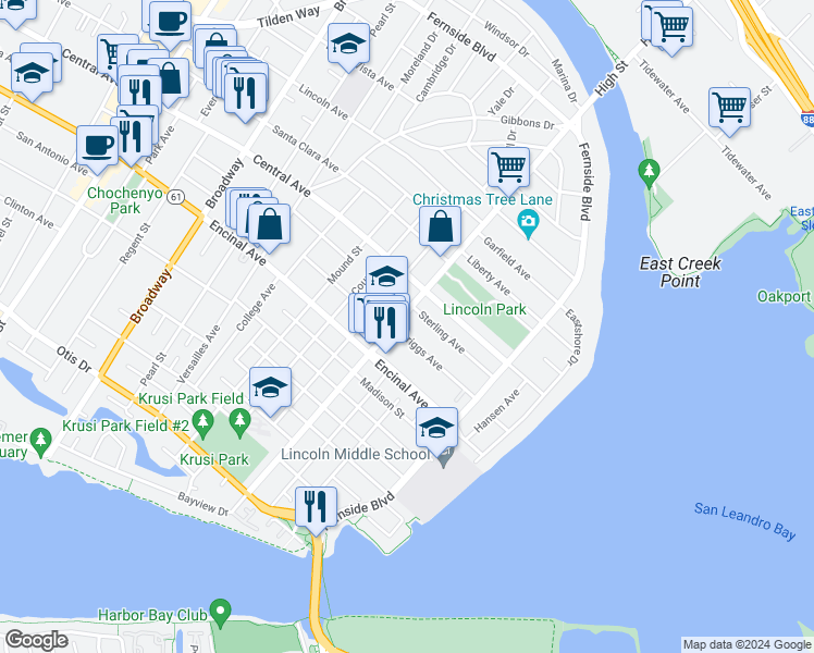 map of restaurants, bars, coffee shops, grocery stores, and more near 3233 Briggs Avenue in Alameda