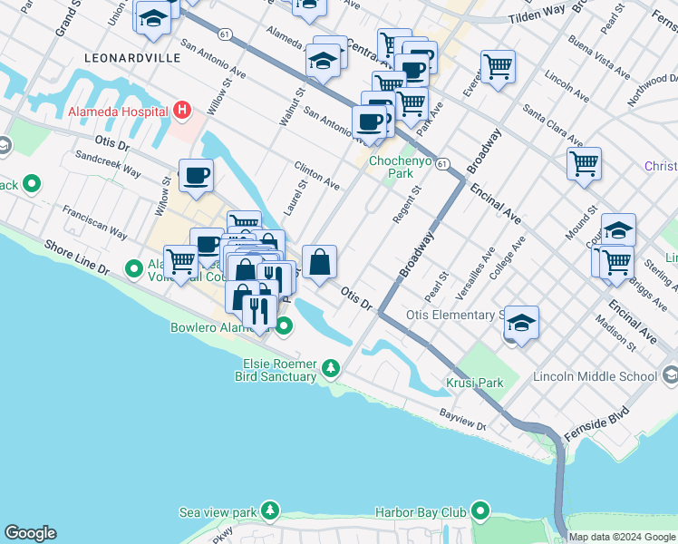map of restaurants, bars, coffee shops, grocery stores, and more near 2438 Otis Drive in Alameda