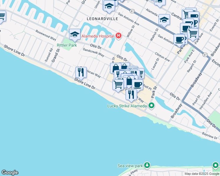 map of restaurants, bars, coffee shops, grocery stores, and more near 1000 Willow Street in Alameda