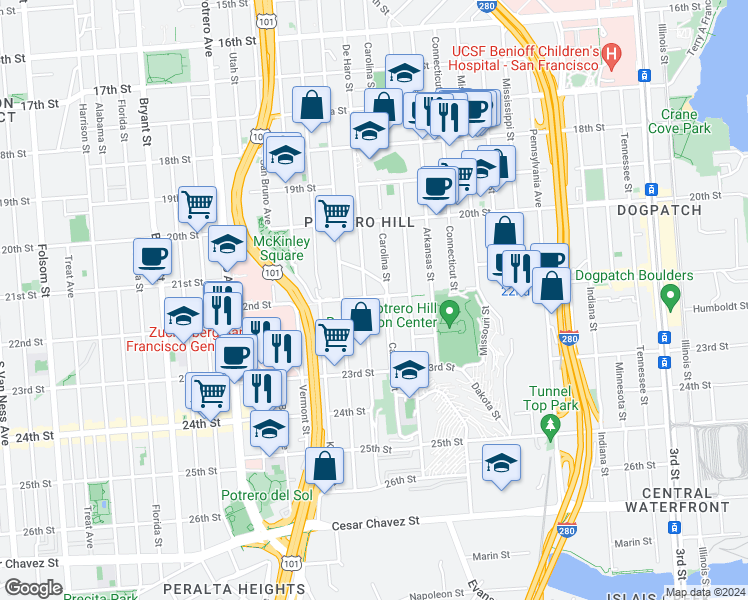 map of restaurants, bars, coffee shops, grocery stores, and more near 956 Carolina Street in San Francisco