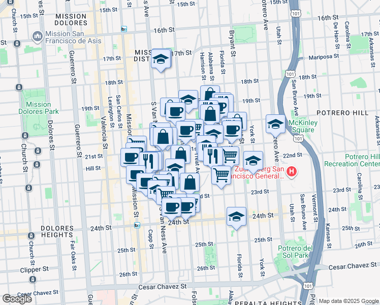 map of restaurants, bars, coffee shops, grocery stores, and more near in San Francisco