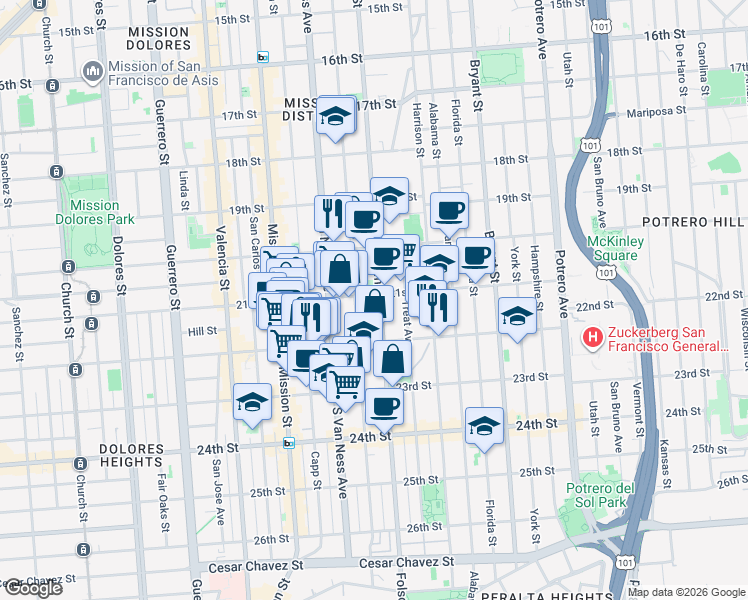 map of restaurants, bars, coffee shops, grocery stores, and more near 2546 Folsom Street in San Francisco