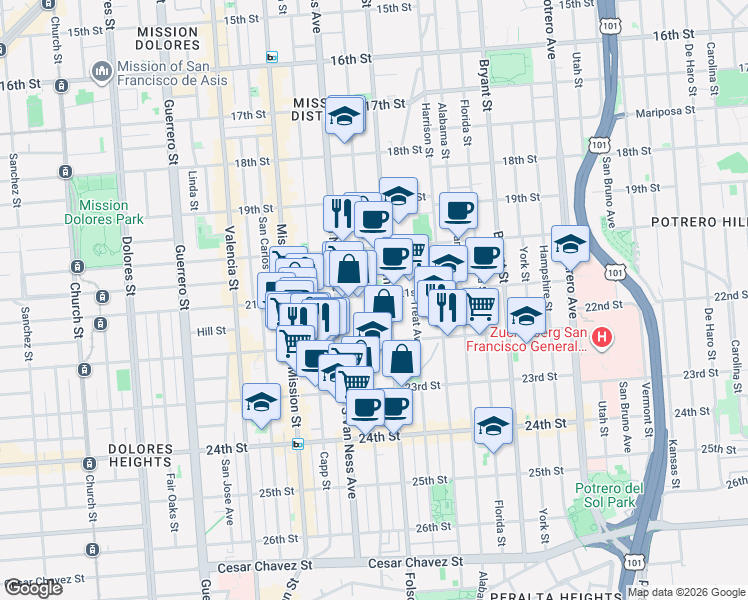 map of restaurants, bars, coffee shops, grocery stores, and more near 2546 Folsom Street in San Francisco