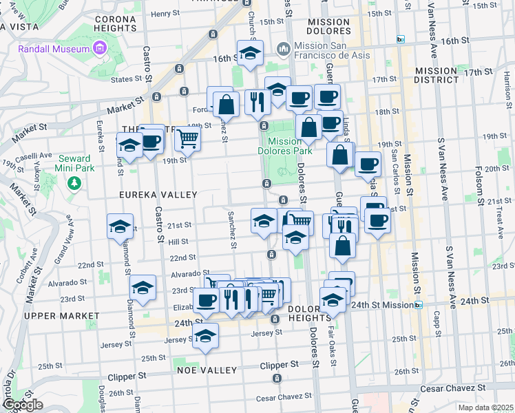 map of restaurants, bars, coffee shops, grocery stores, and more near 3615 21st Street in San Francisco