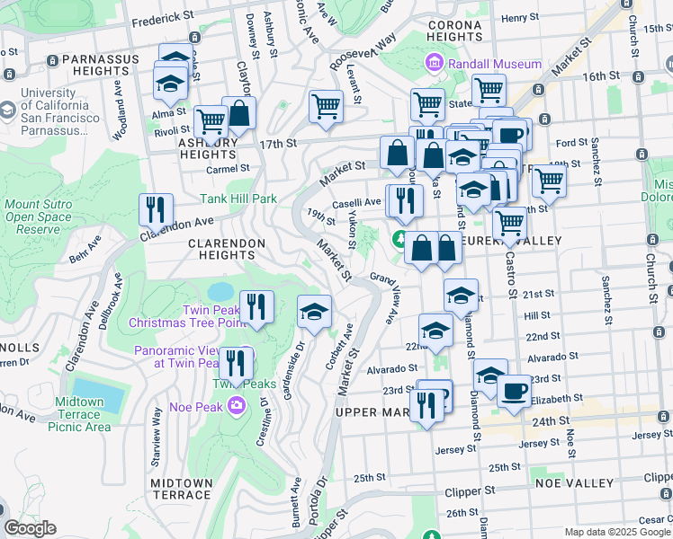 map of restaurants, bars, coffee shops, grocery stores, and more near 642 Corbett Avenue in San Francisco