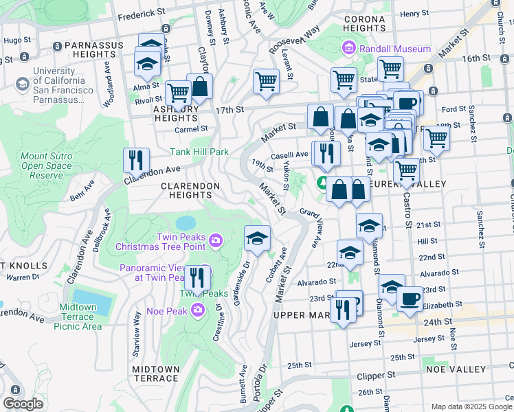 map of restaurants, bars, coffee shops, grocery stores, and more near 642 Corbett Avenue in San Francisco