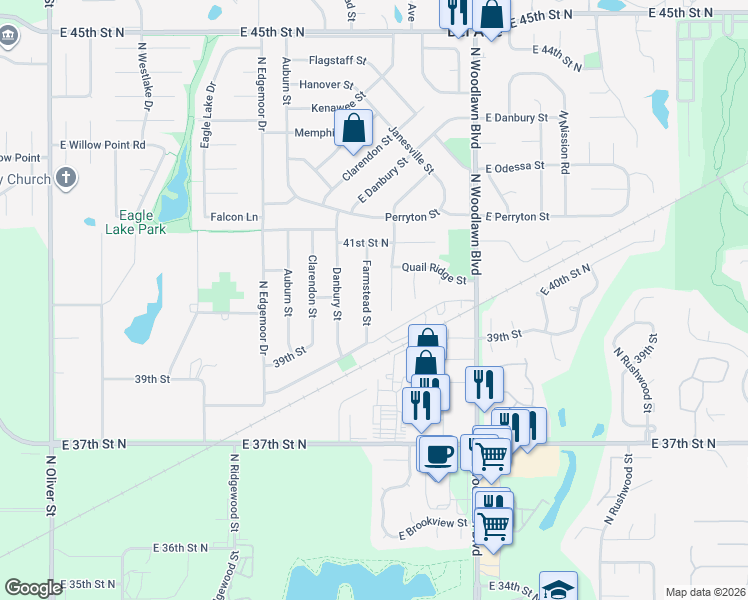 map of restaurants, bars, coffee shops, grocery stores, and more near 4027 Farmstead Street in Bel Aire