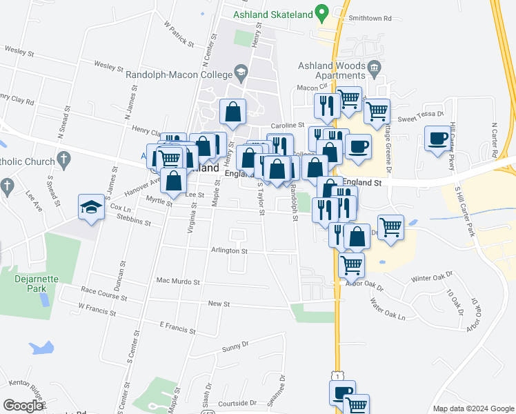 map of restaurants, bars, coffee shops, grocery stores, and more near 320 Myrtle Street in Ashland